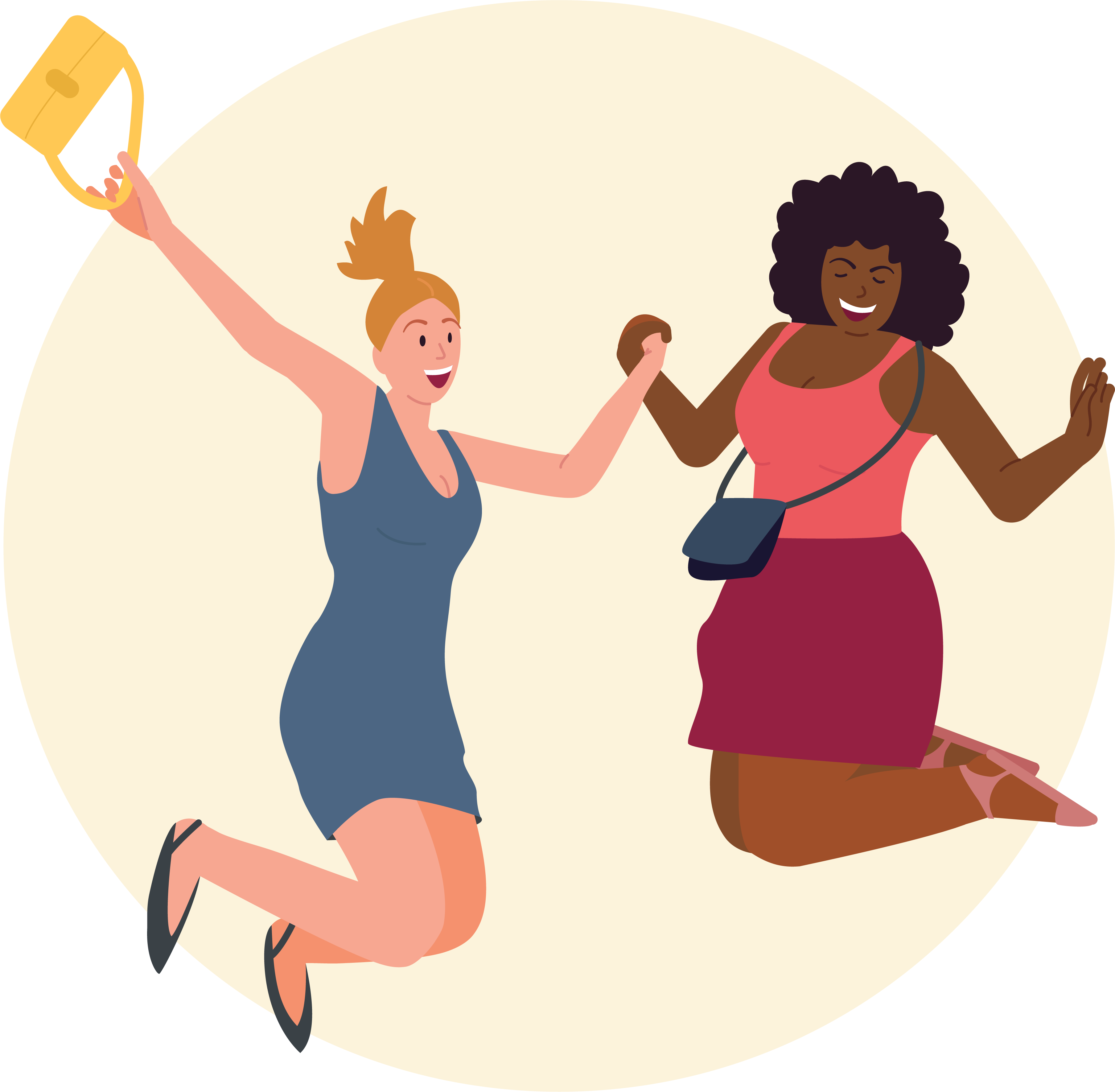 Cartoon of two female friends jumping for joy