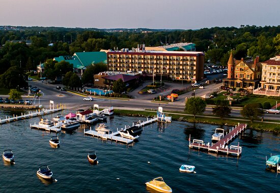 Aerial view of The Harbor Shores Hotel on Lake Geneva.