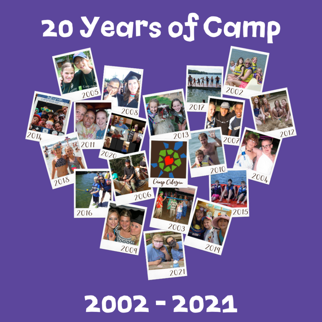 Text: 20 Years of Camp 
Image: polaroid style snapshots of camp from 2002-2021 arranged in heart shape