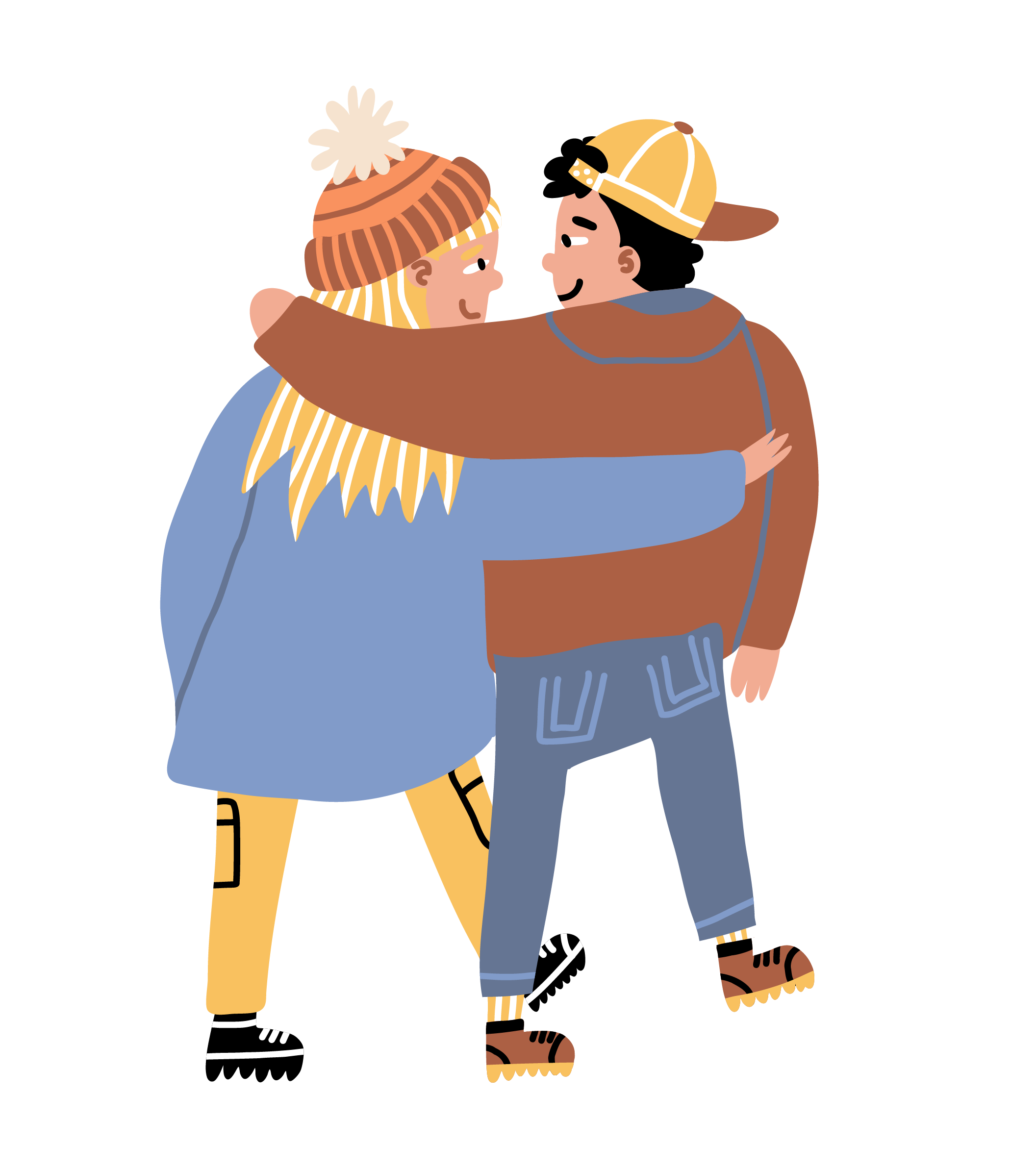 cartoon of two people walking dressed for the outdoors