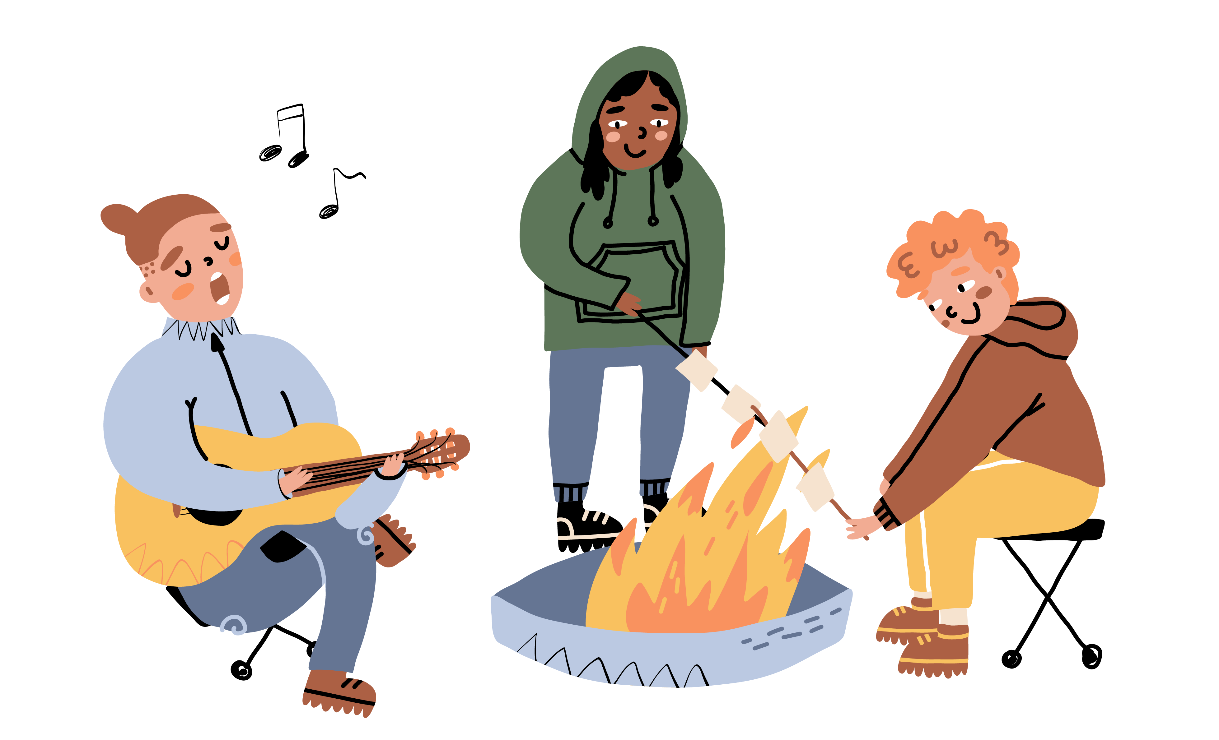 cartoon of three people around a fire making s'mores and singing