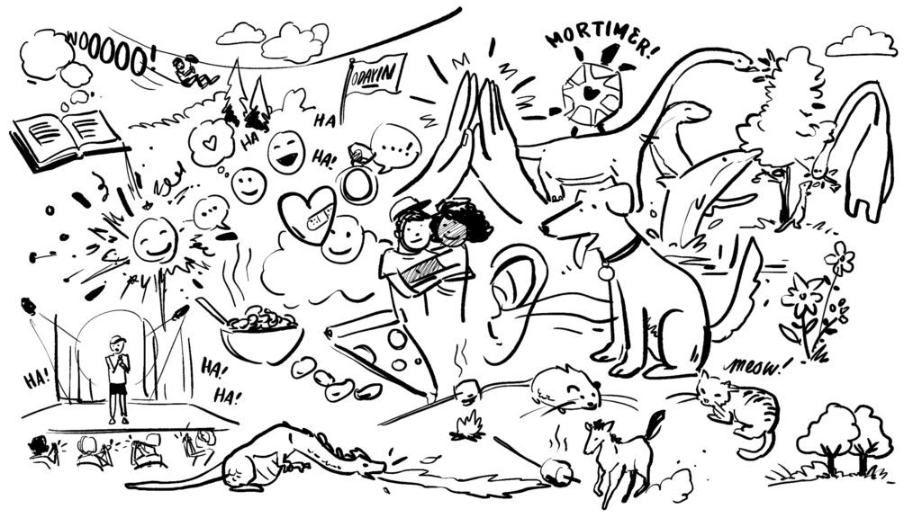 An illustration by Koji Minami depicting what campers said acceptance looks like. Some of the features of the image include Mortimer the turtle, a dinosaur helping a fellow dinosaur, and a camper receiving applause at a talent show.