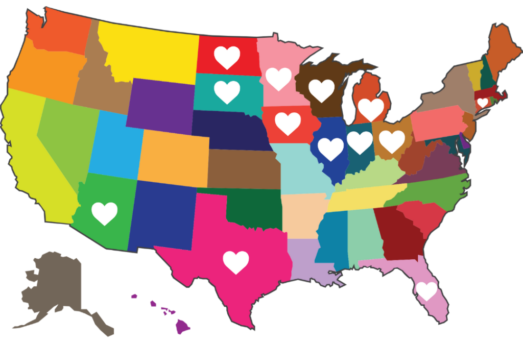 US Map with hearts indicating 13 states where 2022 campers live