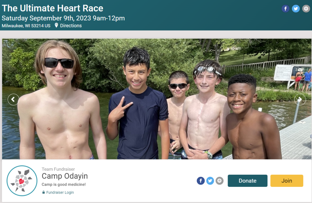An image of Camp Odayin's Ultimate Heart Race team landing page. Five campers are pictured standing on the dock at camp.