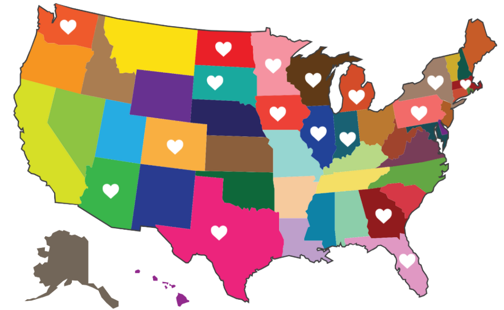 US map with hearts in WA, ND, SD, AZ, CO, TX, MN, IA, WI, IL, MI, IN, PA, NY, GA, FL, and MA