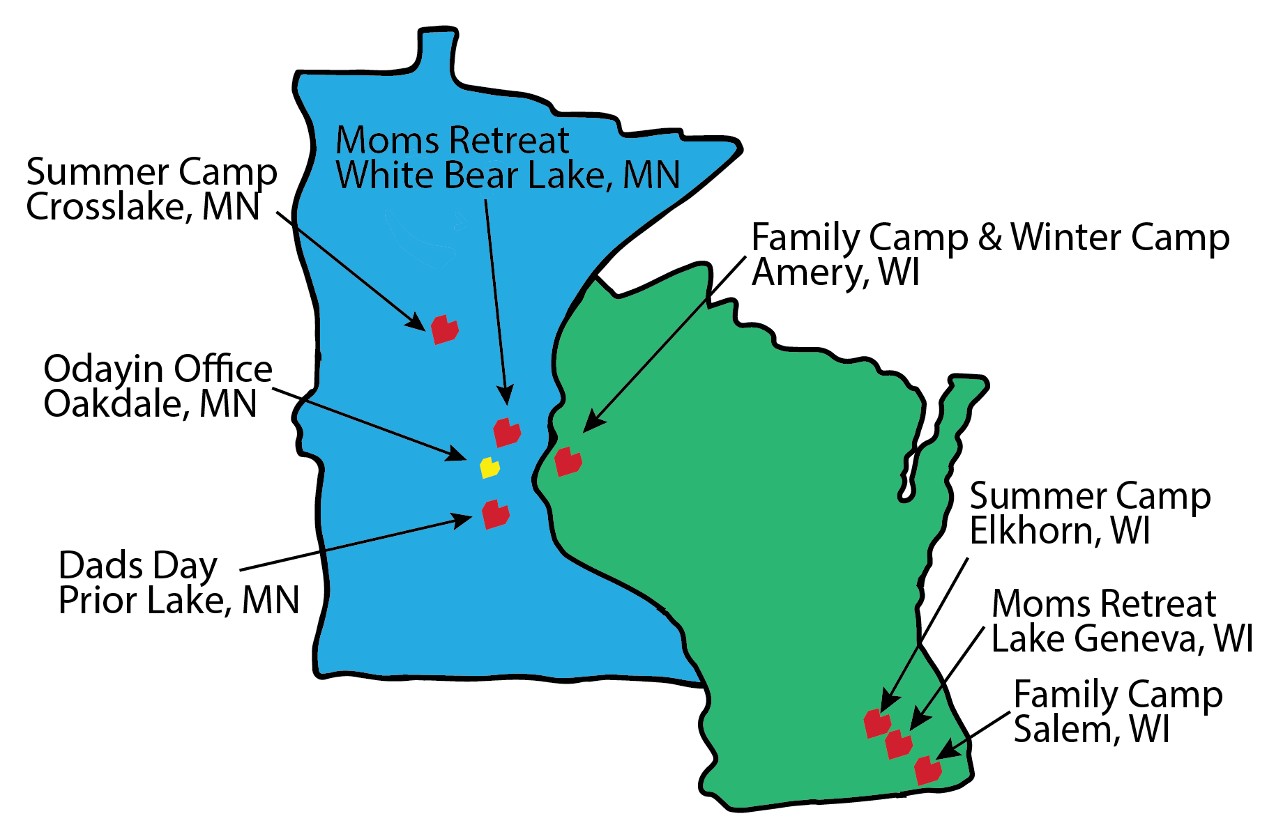 Camp Odayin program locations in Minnesota and Wisconsin