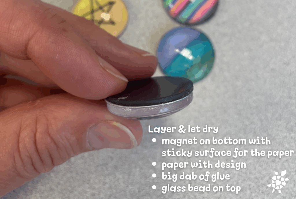 Layer & let dry
- magnet on bottom with sticky surface for the paper
- paper with design
- big dab of glue
- glass bead on top