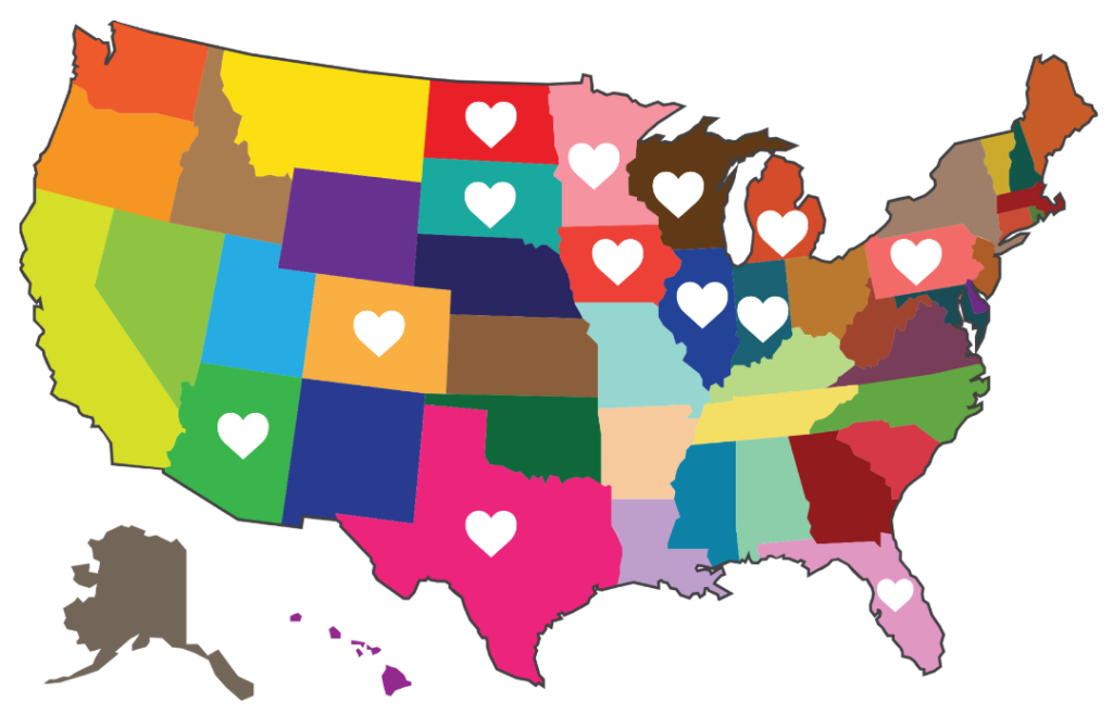 Map of US with hearts on 13 states